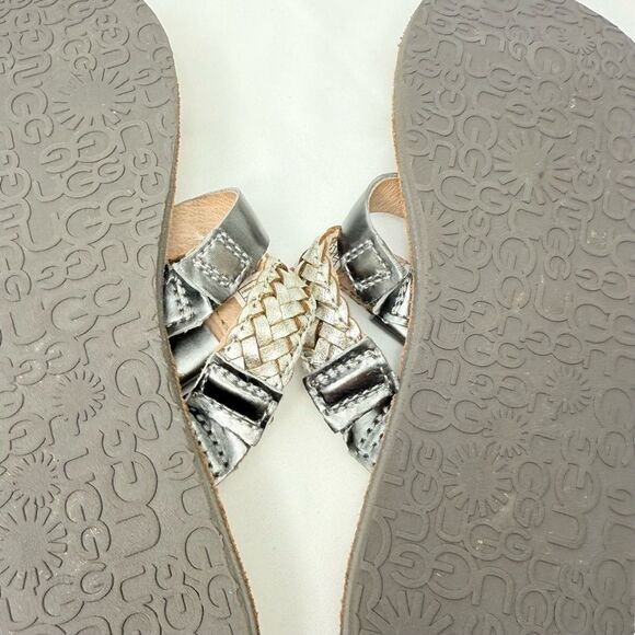 UGG Audra Metallic Silver Braid Leather Double Strap Thong Slide Boho Sandals - Picture 14 of 16